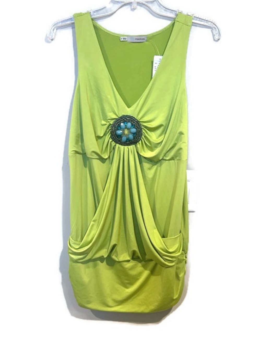 New Lime Green Embellished Ruched Tunic Top Dress Small Y2K Boho